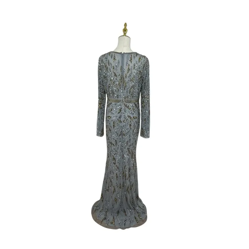 Mac‎ Duggal 5124 Platinum Gold Sequin Beaded Long Sleeve Dress Size 10 $598 - Picture 7 of 9